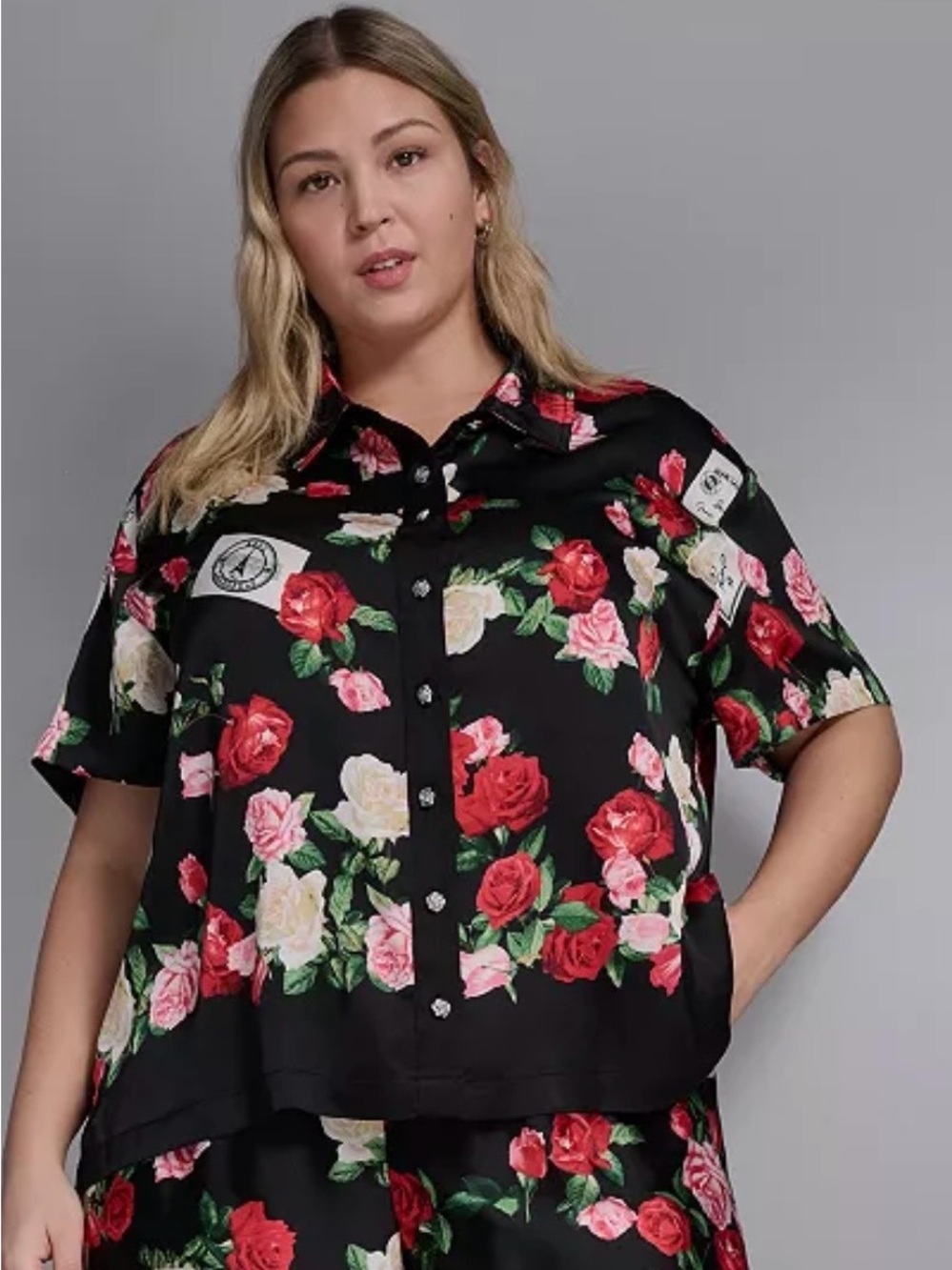 Karl Lagerfeld Black Button-Down Top with Red & Pink Roses